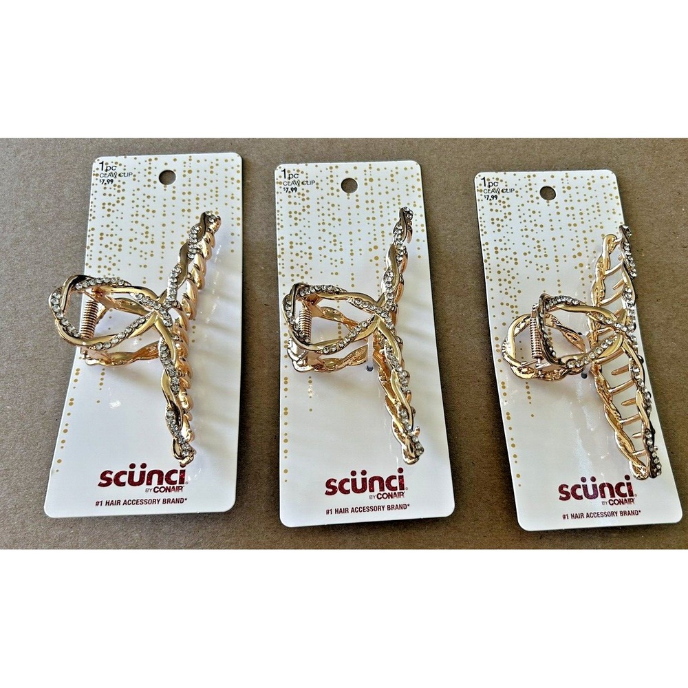 Scunci Claw Clip Crystal Gold Tone Styling Hair Clip Lot of 3 Beautiful 4.5" New